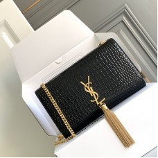 Replica Ysl Medium Kate Tassel Bag in Croco Black with gold hardware