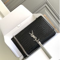 Replica Ysl Medium Kate Tassel Bag in Croco Black with silver hardware