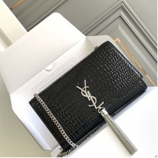 Replica Ysl Medium Kate Tassel Bag in Croco Black with silver hardware